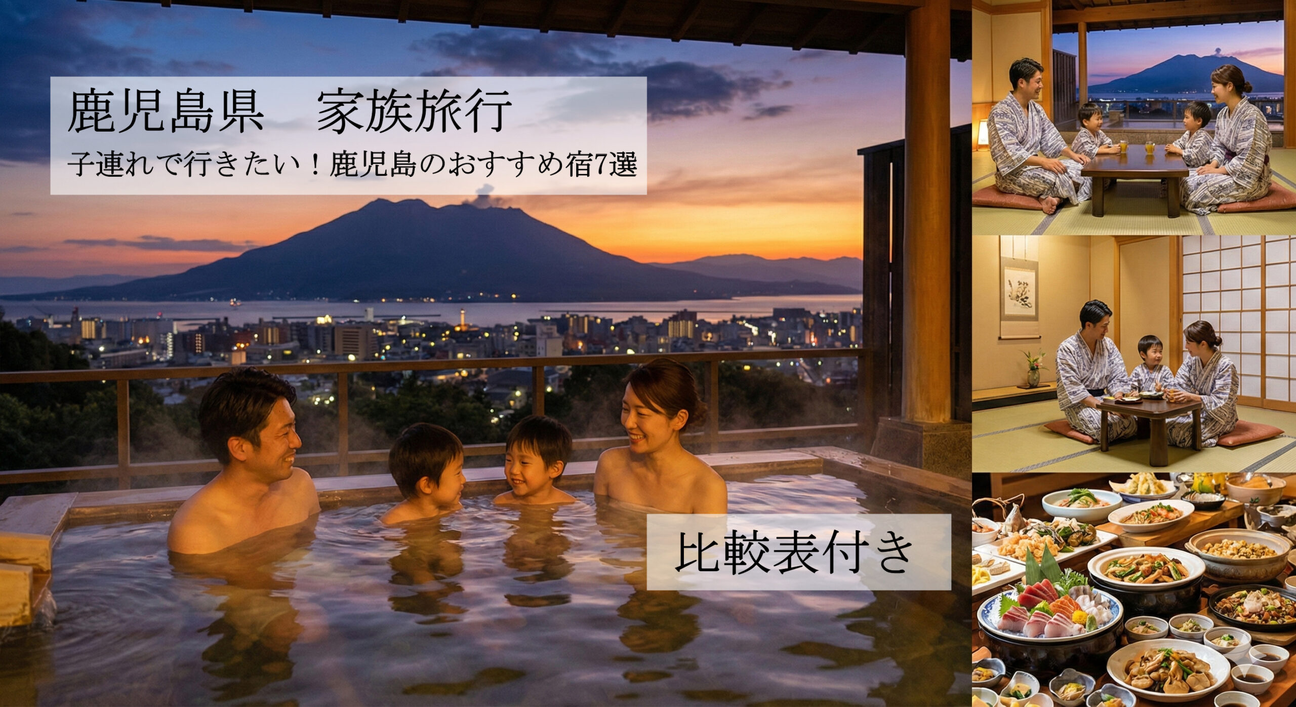 桜島を望む絶景温泉、和室でくつろぐ家族、豪華な食事の写真を使った、「鹿児島県 家族旅行 子連れで行きたい！鹿児島のおすすめ宿7選（比較表付き）」の記事アイキャッチ画像。